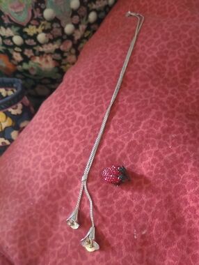 Silver Flower-Ended Lariat Necklace with Red Strawberry Pin